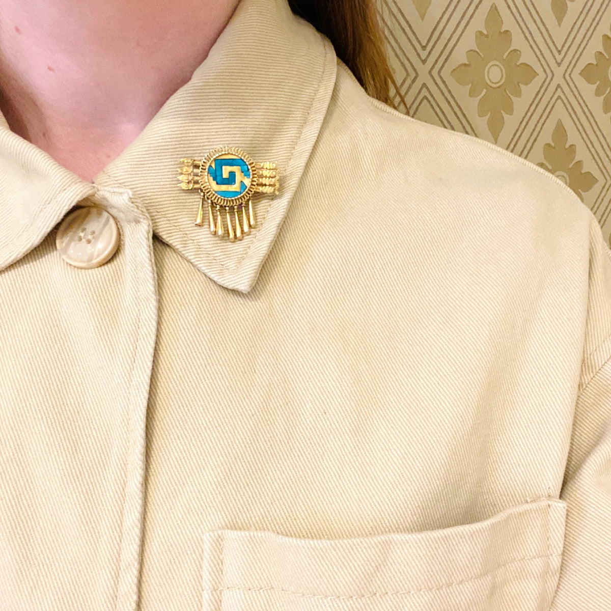 Gold Aztec Brooch with Turquoise Inlay
