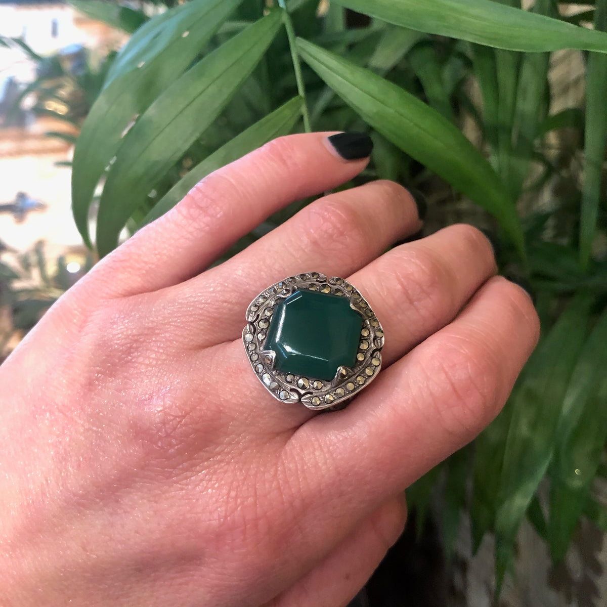 Bold Deco Silver Chrysoprase and Marcasite Ring