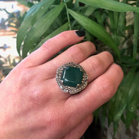 Bold Deco Silver Chrysoprase and Marcasite Ring
