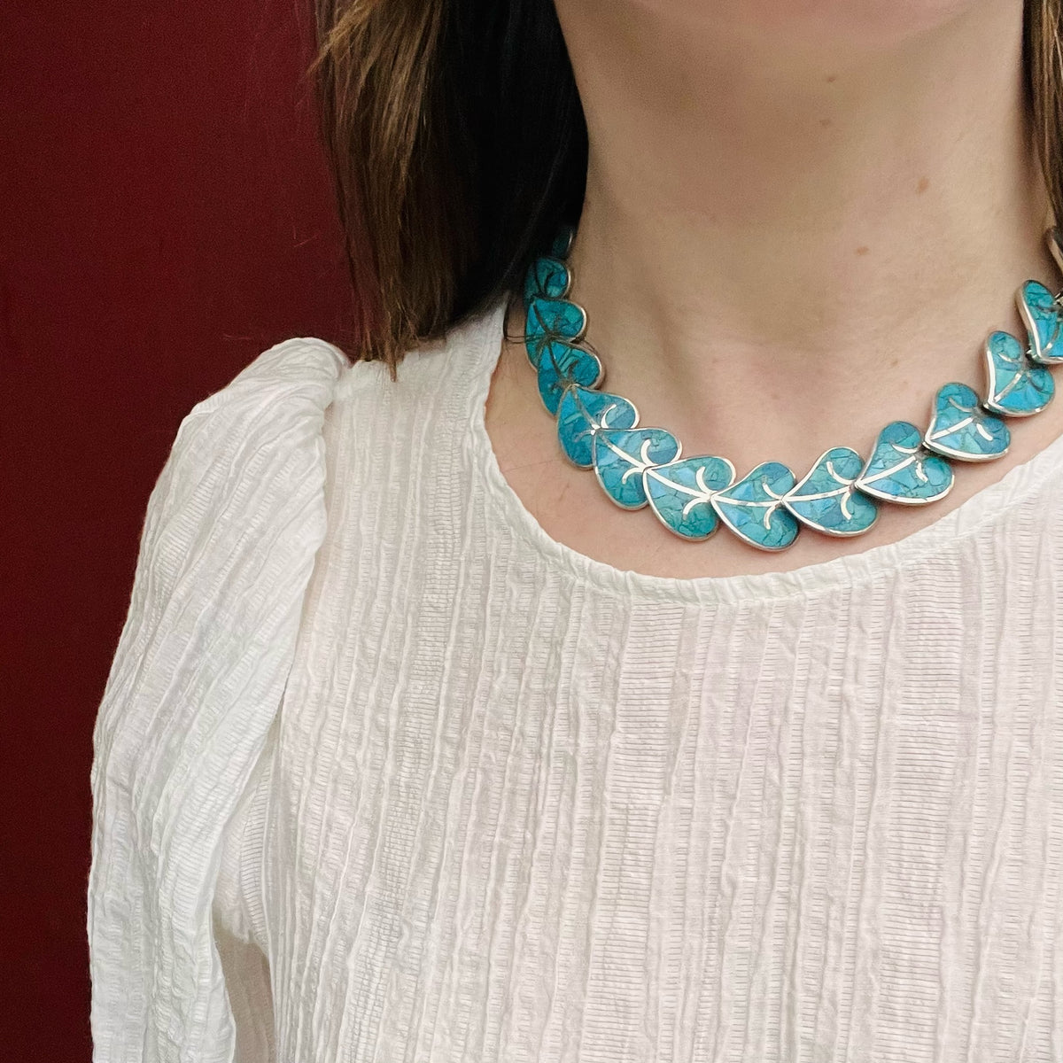 Turquoise Inlay Leaves Necklace, Bracelet & Earrings