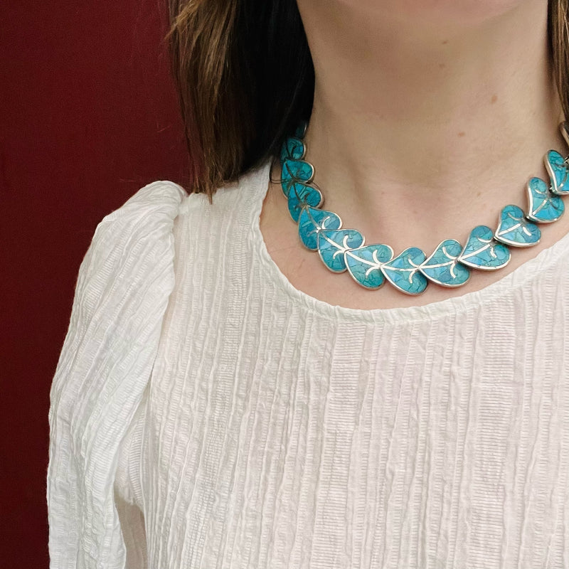 Turquoise Inlay Leaves Necklace, Bracelet & Earrings