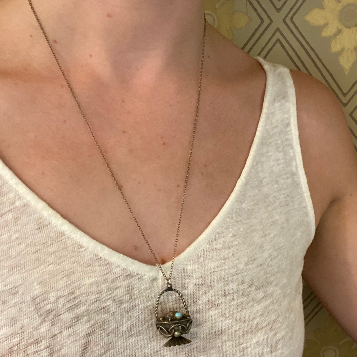 Ornate Silver Basket Charm Necklace