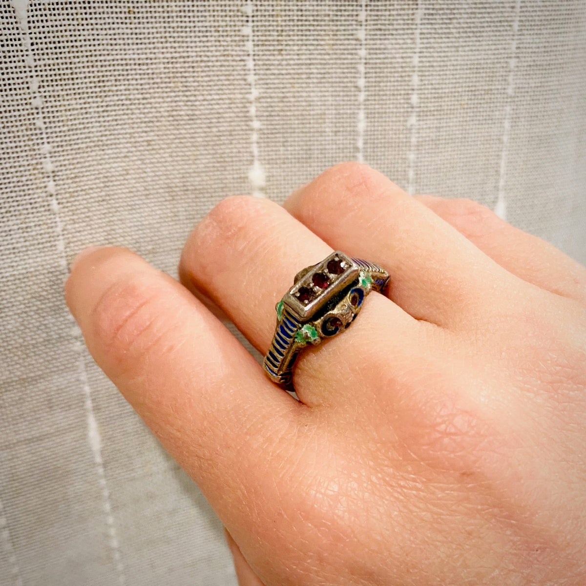 Garnet & Enamel Austro-Hungarian Silver Ring