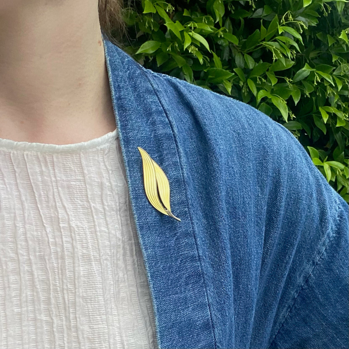 Delicate Yellow Guilloché Enamel Leaf Brooch by Holmsen