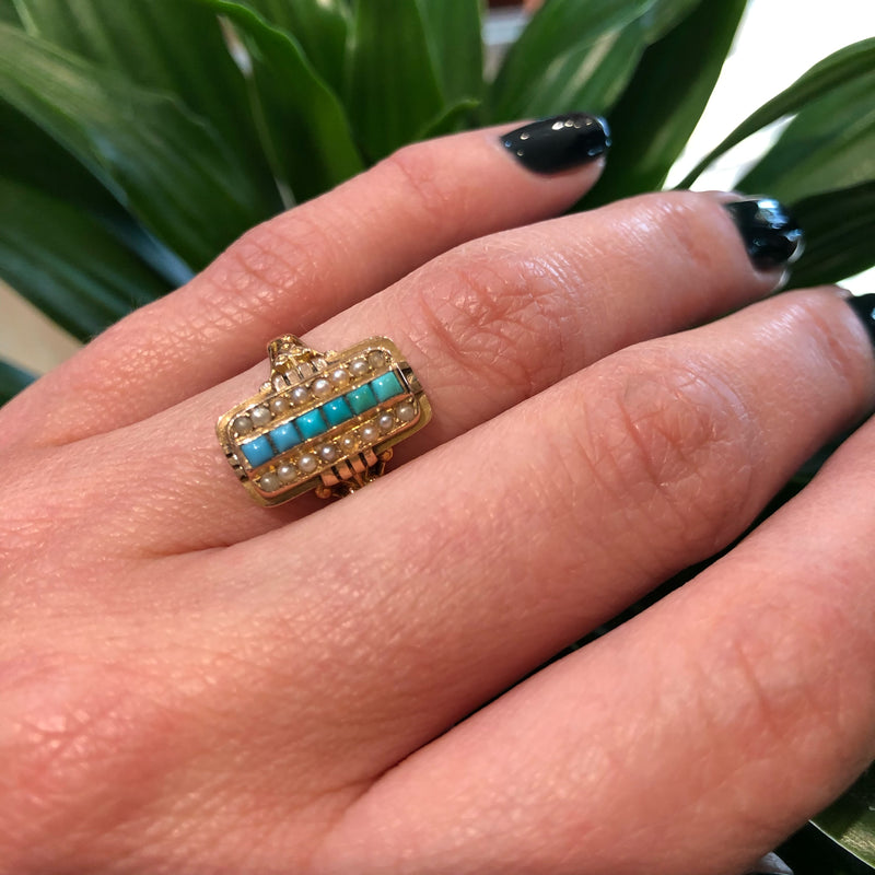 Turquoise and Pearl Gold 19th c Ring