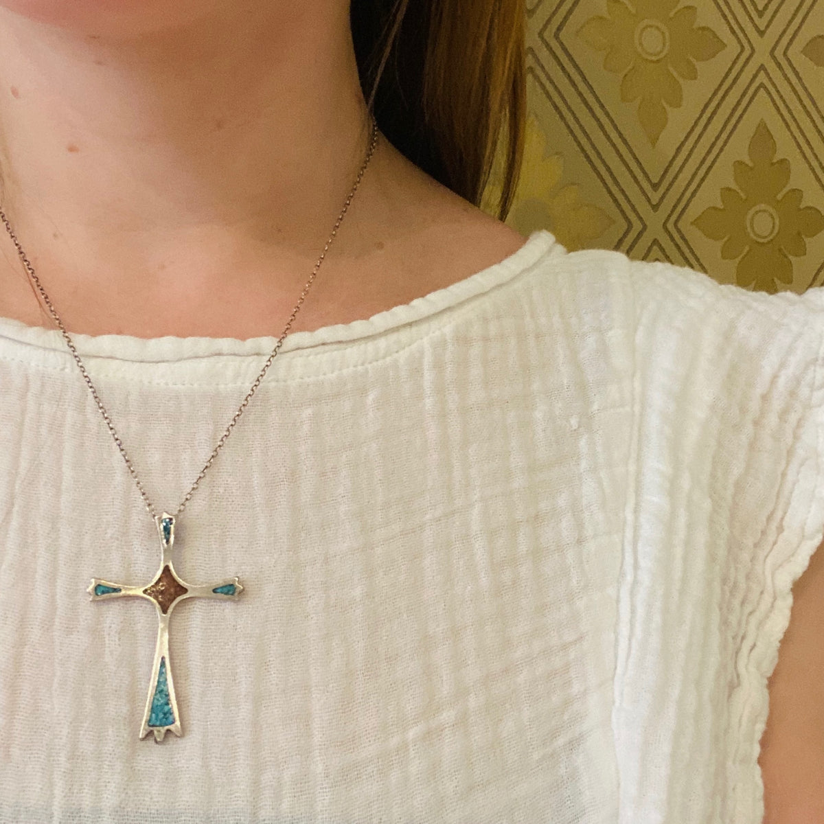 Silver Cross Inlaid with Coral and Turquoise