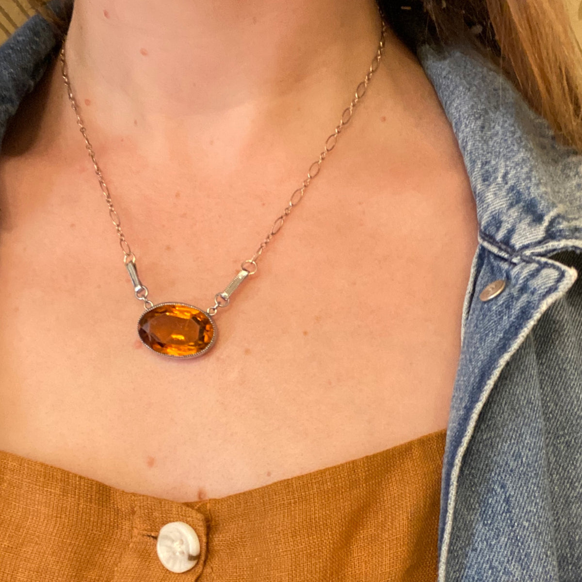 Amber Glass & Chrome Deco Necklace