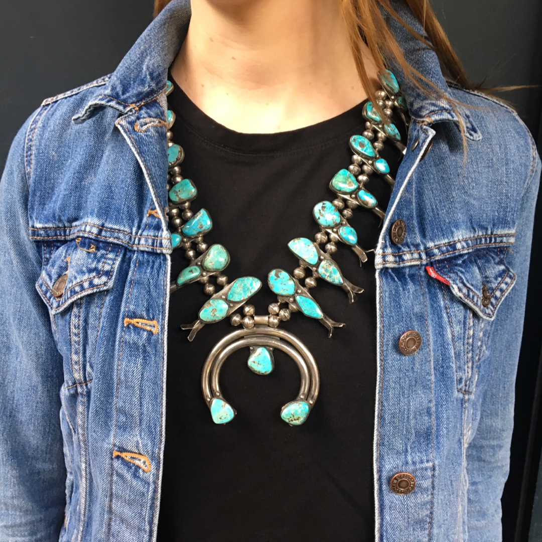 Large Vintage Navajo Squash Blossom Necklace with Naja