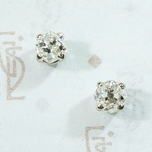 cushion old mine cut diamonds in recycled 14k white gold recycled settings 1.01tcw the perfect diamond studs