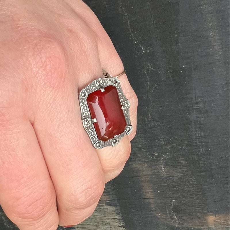 Gorgeous Deco Carnelian Sterling Marcasite Ring
