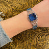 Chrome Filigree Blue Glass Deco Bracelet
