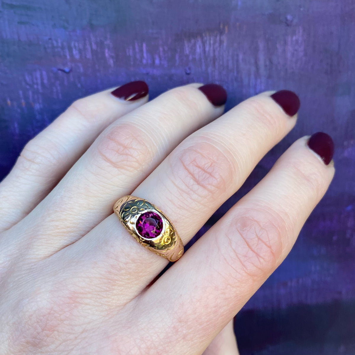 Dream Ring Garnet Set Engraved Gold Gypsy Band 1898