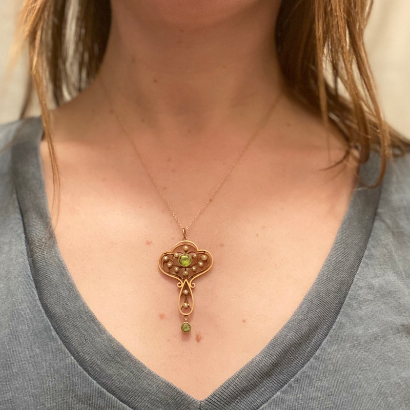Art Nouveau Pearl and Peridot Pendant