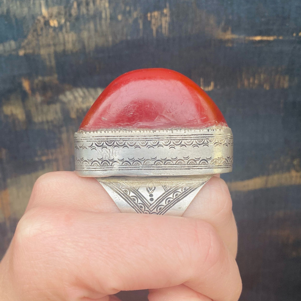 Massive Red Copal in Engraved Metal Ring