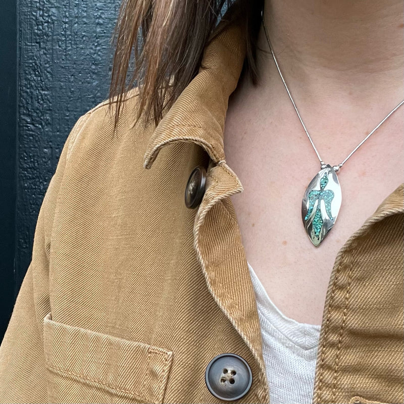 Silver Beaded Turquoise Inlay Peyote Bird Necklace