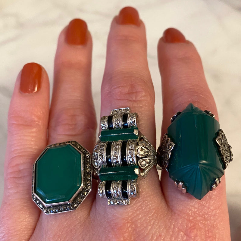 Unbelievable German Art Deco Chrysoprase and Marcasite Ring