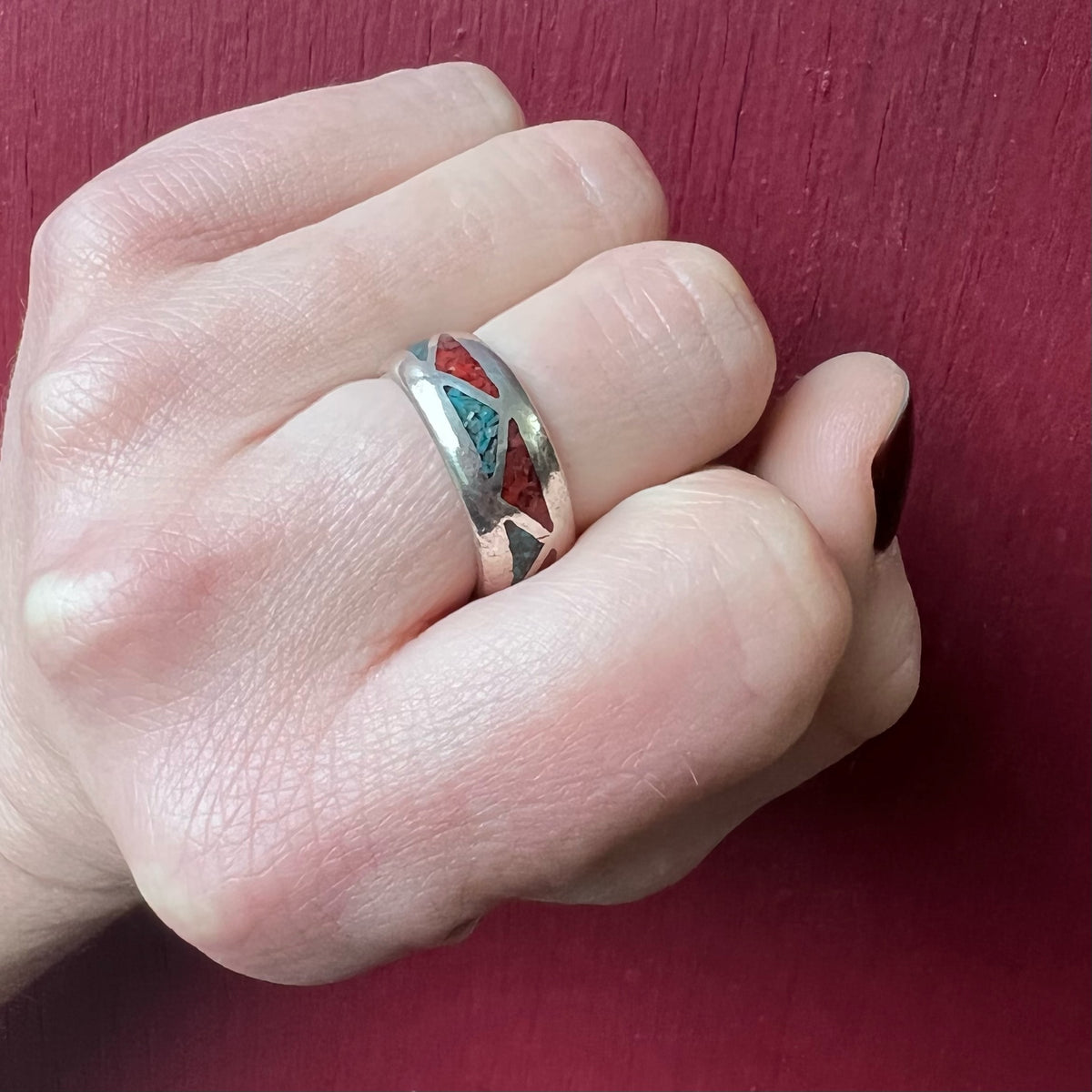 Sterling Silver Band with Inlaid Triangles