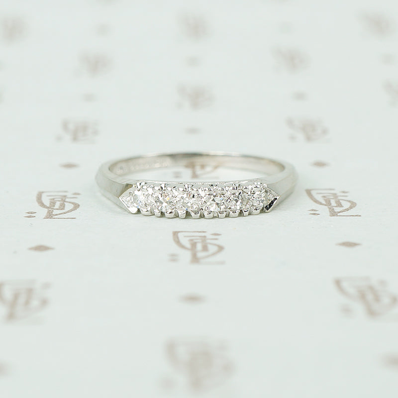 14k white gold 6 diamond band with knife edge and fish tail details circa 1940