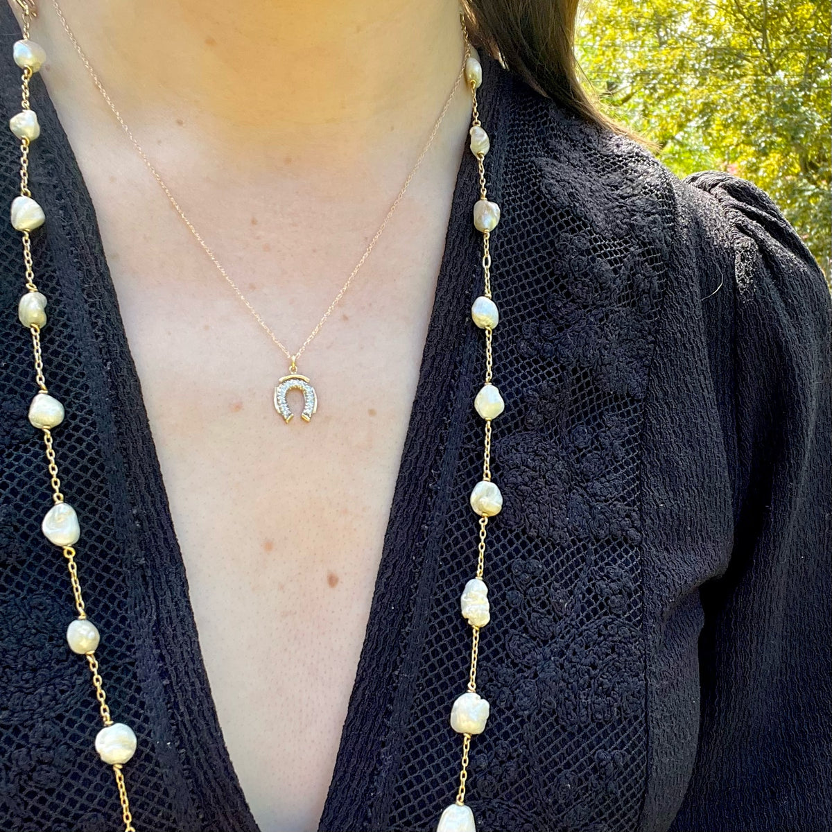 Lucky Mid Century Gold & Diamond Horseshoe Necklace