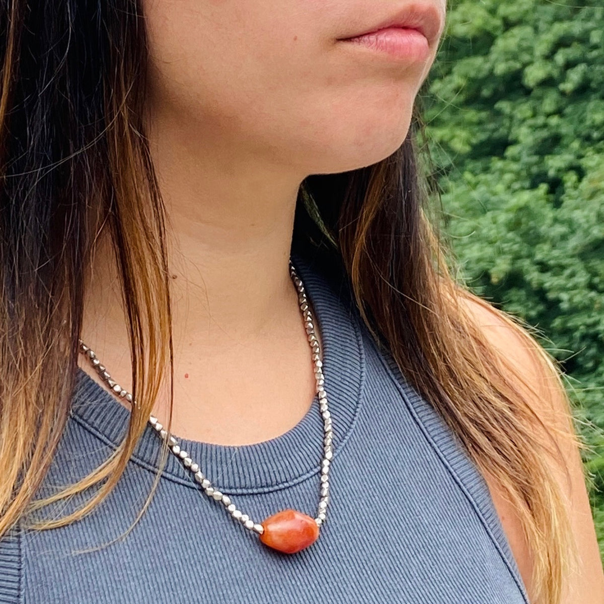 Ancient Carnelian Necklace with High Grade Silver Beads