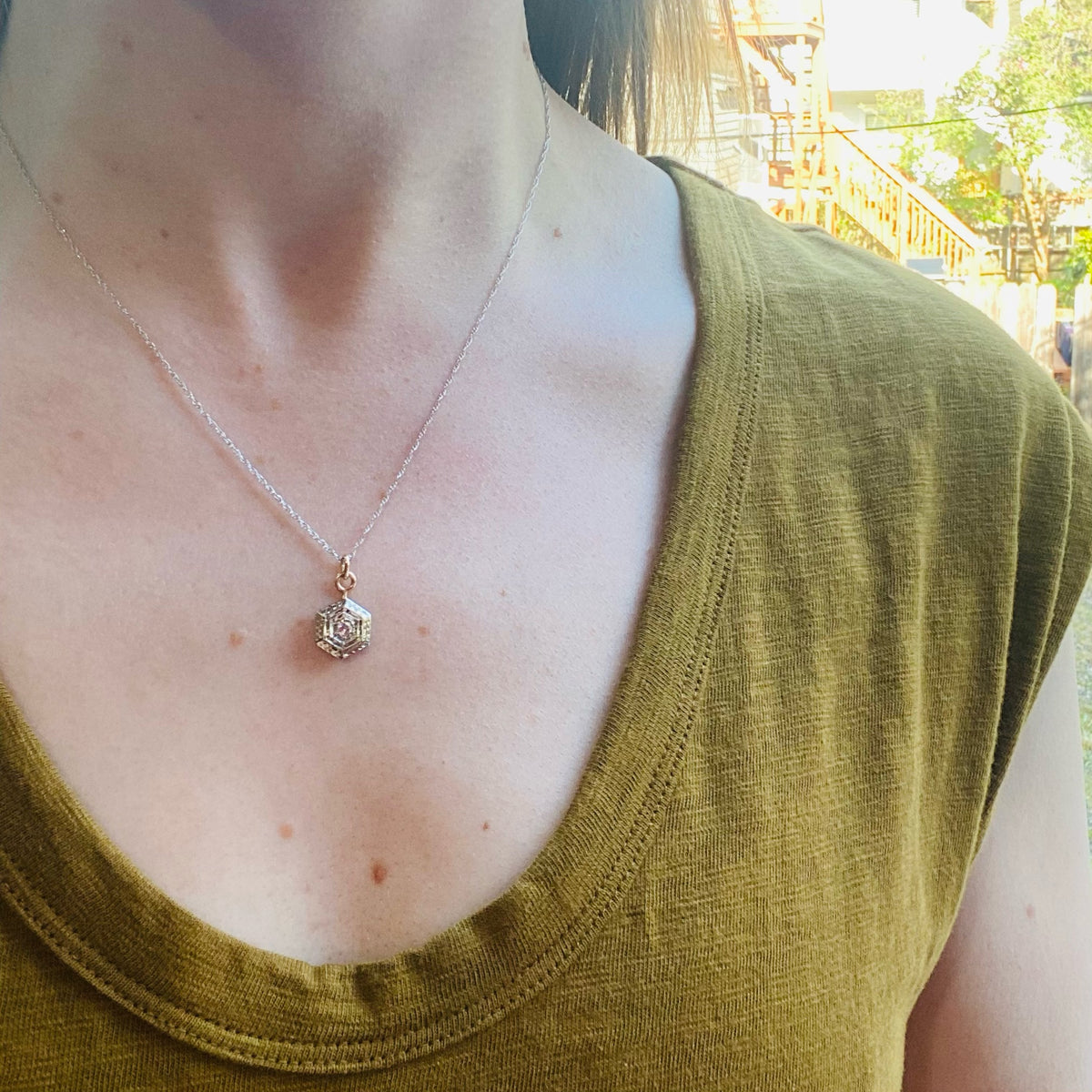 Hexagon Two Tone Diamond Set Deco Pendant