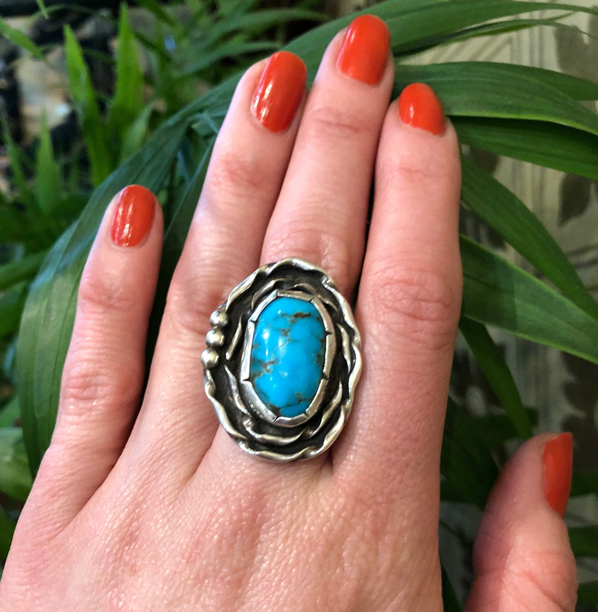 Bold Floral Turquoise and Silver Ring