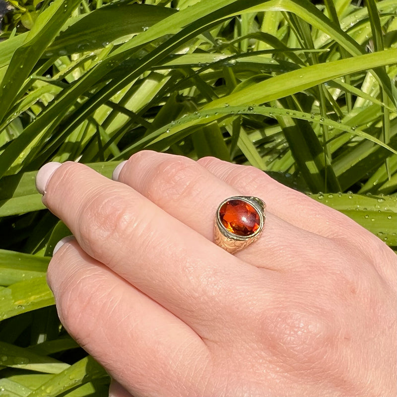 Buff Top Cut Citrine in Engraved Gold Ring