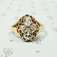 Old mine cut pear shaped diamond ring set in quatréfoil pattern 18k yellow gold circa 1880