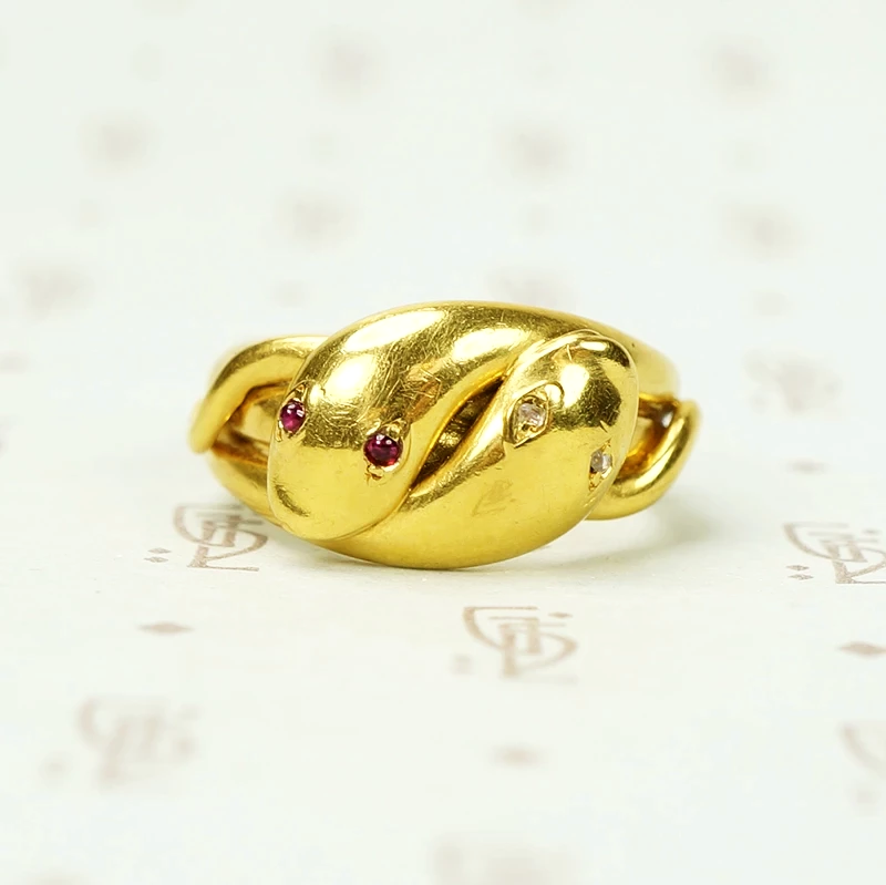 Entwined Snakes Ring 18k Yellow Gold Ruby and Diamond Eyes