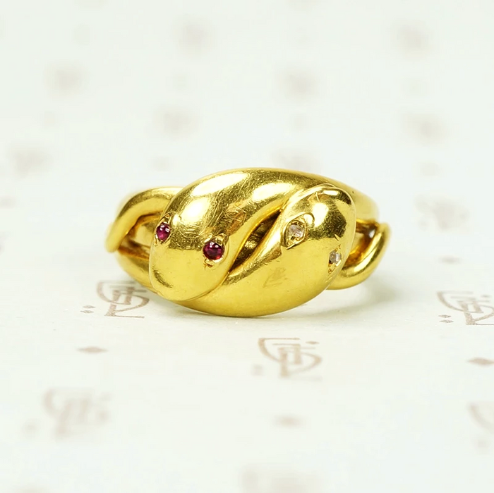 Entwined Snakes Ring 18k Yellow Gold Ruby and Diamond Eyes