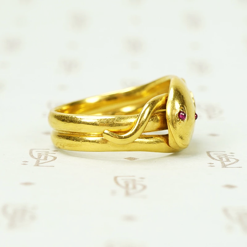 Entwined Snakes Ring 18k Yellow Gold Ruby and Diamond Eyes