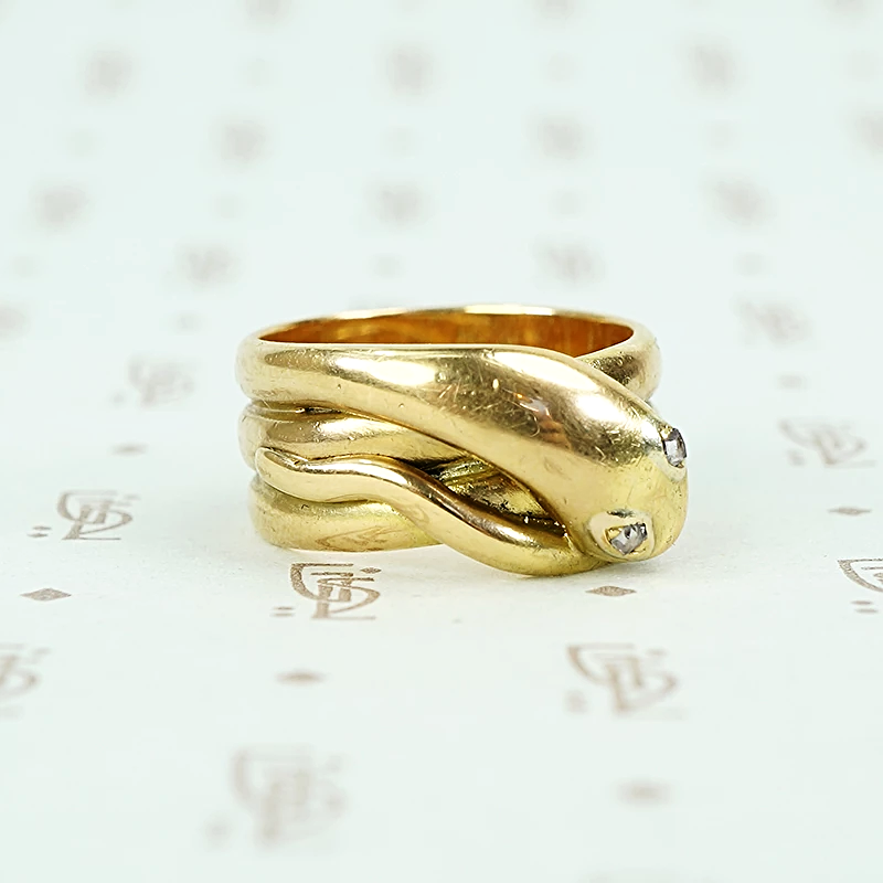 antique 18k yellow gold wide coiled snake ring with rose cut diamond eyes