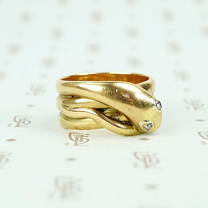 antique 18k yellow gold wide coiled snake ring with rose cut diamond eyes
