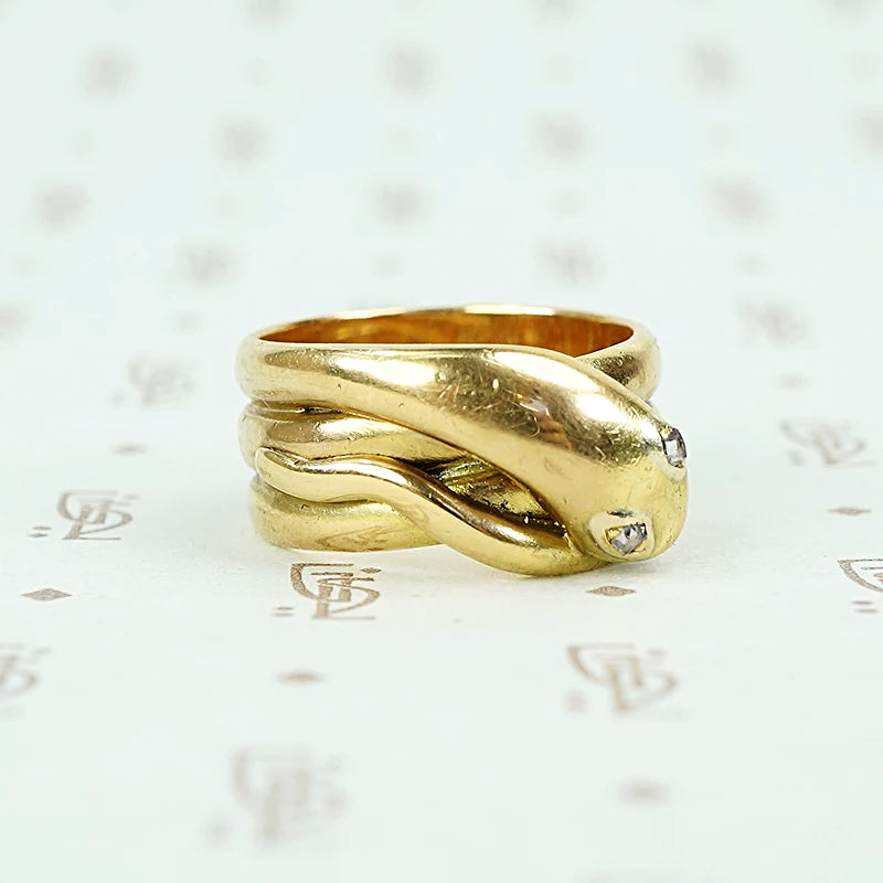 antique 18k yellow gold wide coiled snake ring with rose cut diamond eyes