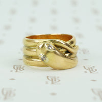 antique 18k yellow gold wide coiled snake ring with rose cut diamond eyes