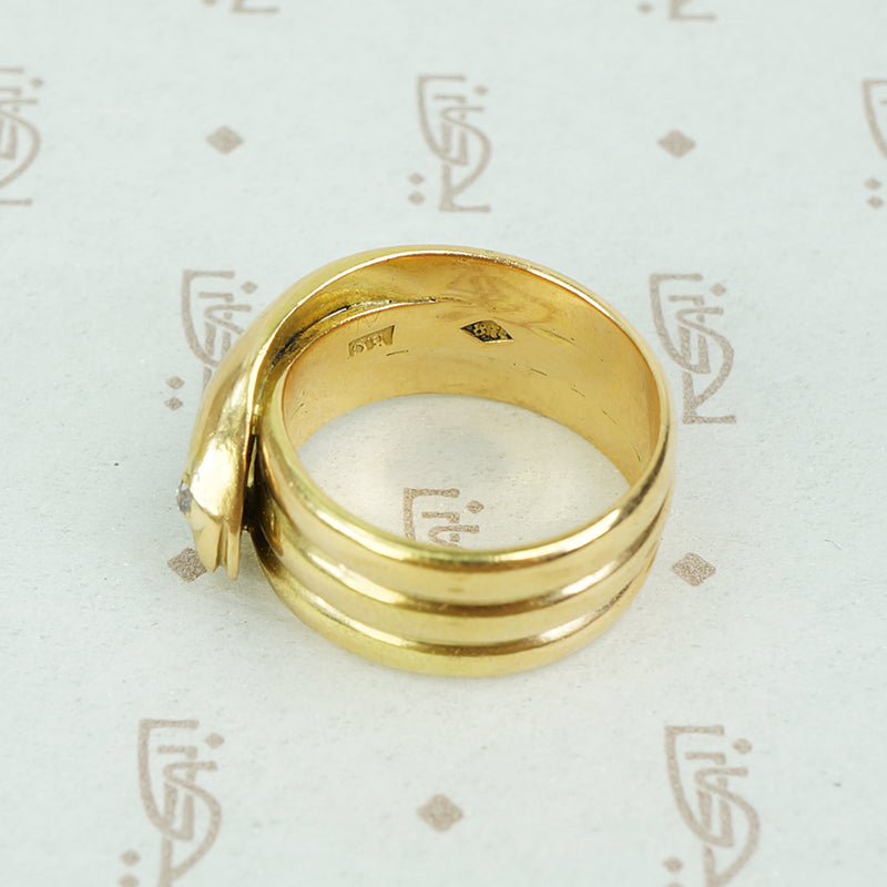 antique 18k yellow gold wide coiled snake ring with rose cut diamond eyes view of back featuring 3 coils