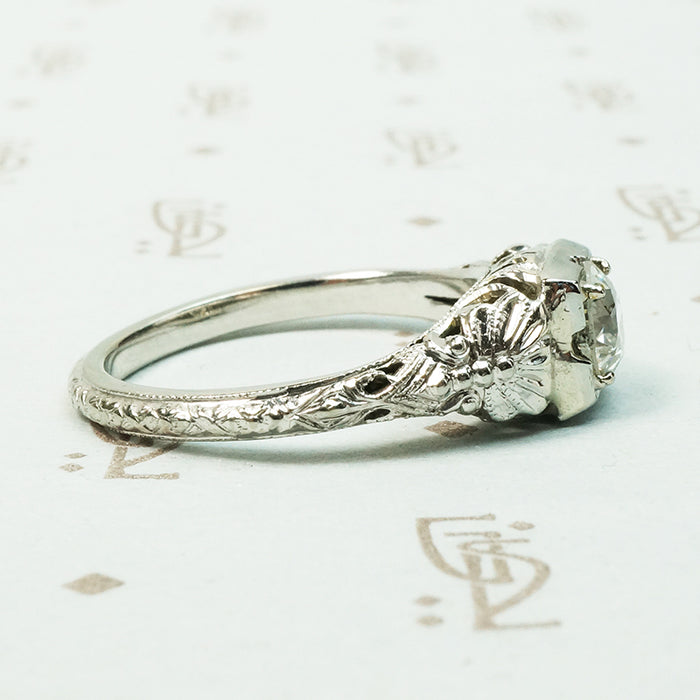 White Gold Filigree Old Euro Diamond Engagement Ring