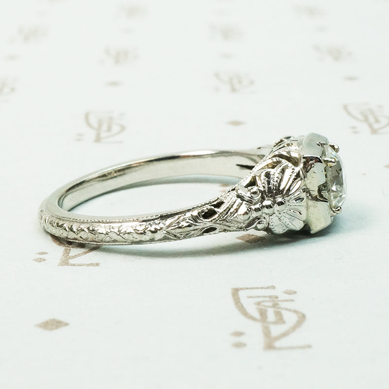 White Gold Filigree Old Euro Diamond Engagement Ring