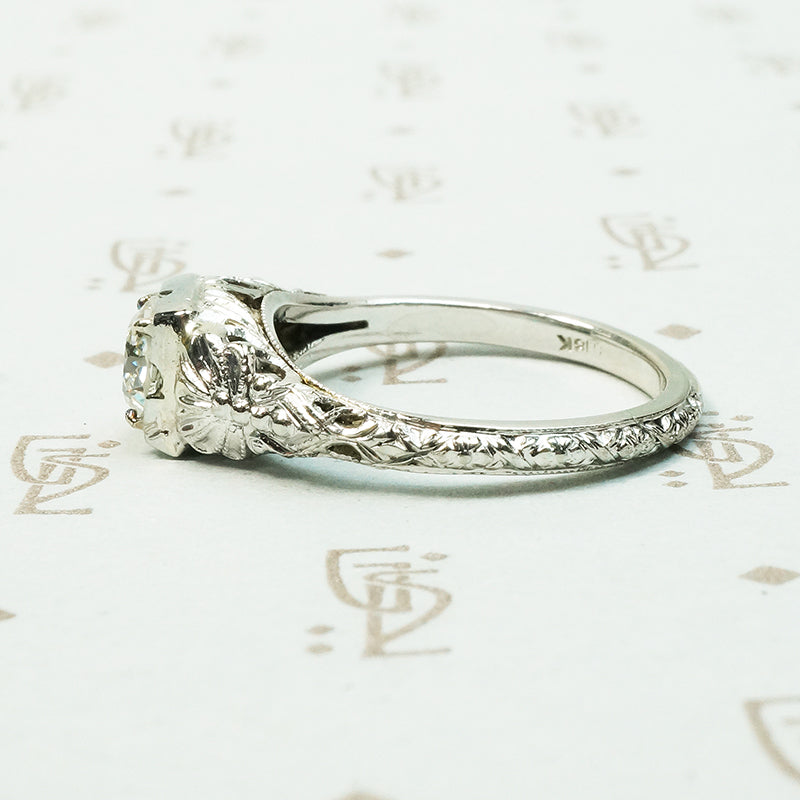 White Gold Filigree Old Euro Diamond Engagement Ring