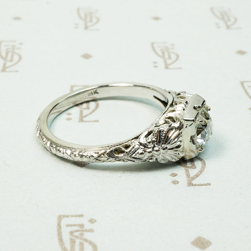 White Gold Filigree Old Euro Diamond Engagement Ring