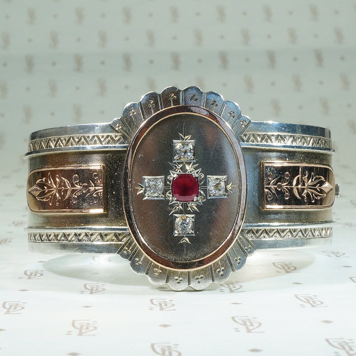 English Victorian Hinged bangle bracelet set with gems c1892