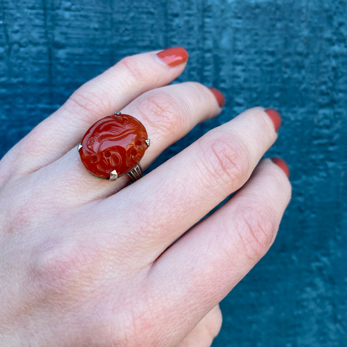 Carved Carnelian in Silver Forget Me Not Ring