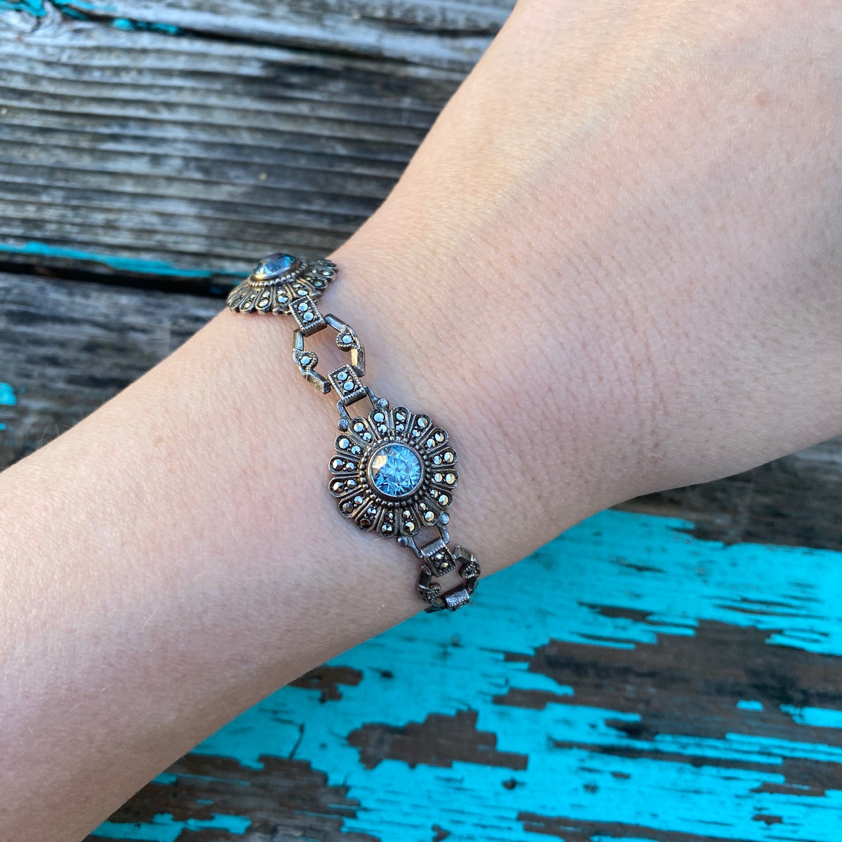 Sparkling Natural Blue Zircon and Marcasite Bracelet