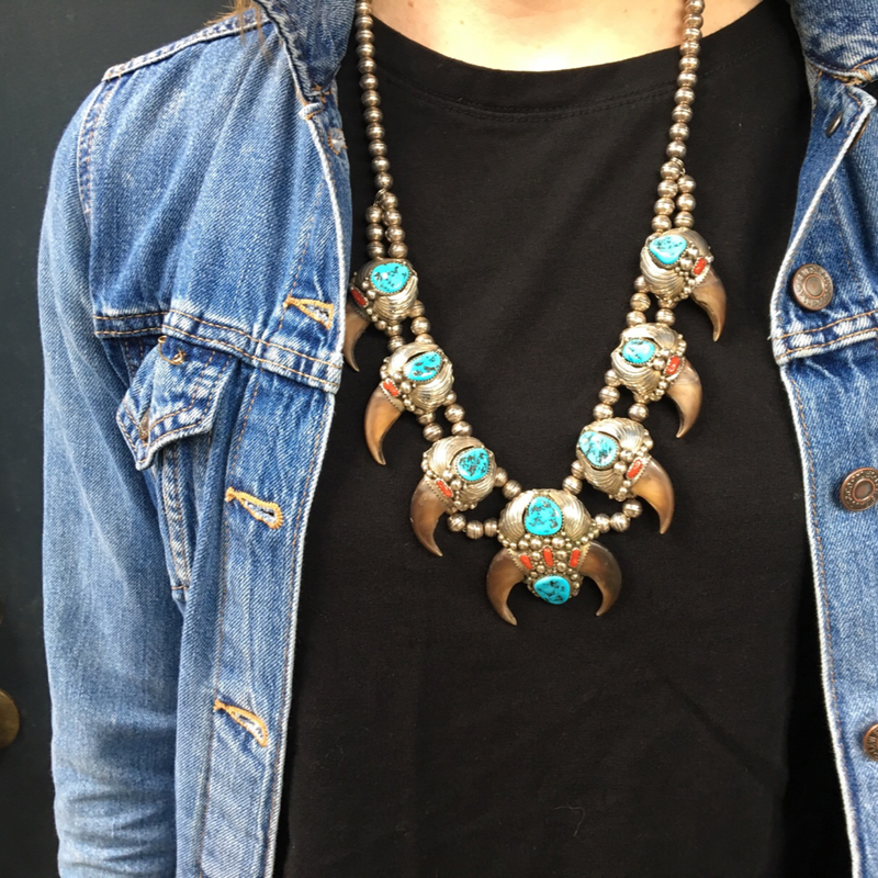 Extraordinary Navajo Bear Claw & Gem Necklace