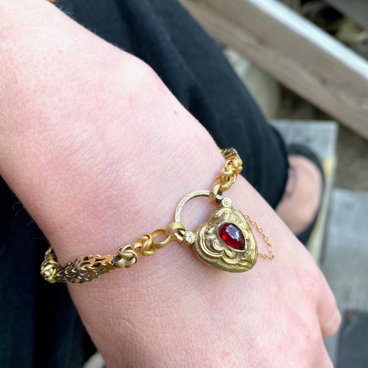 Unbelievable European Heart Lock Bracelet in 18k & Garnet