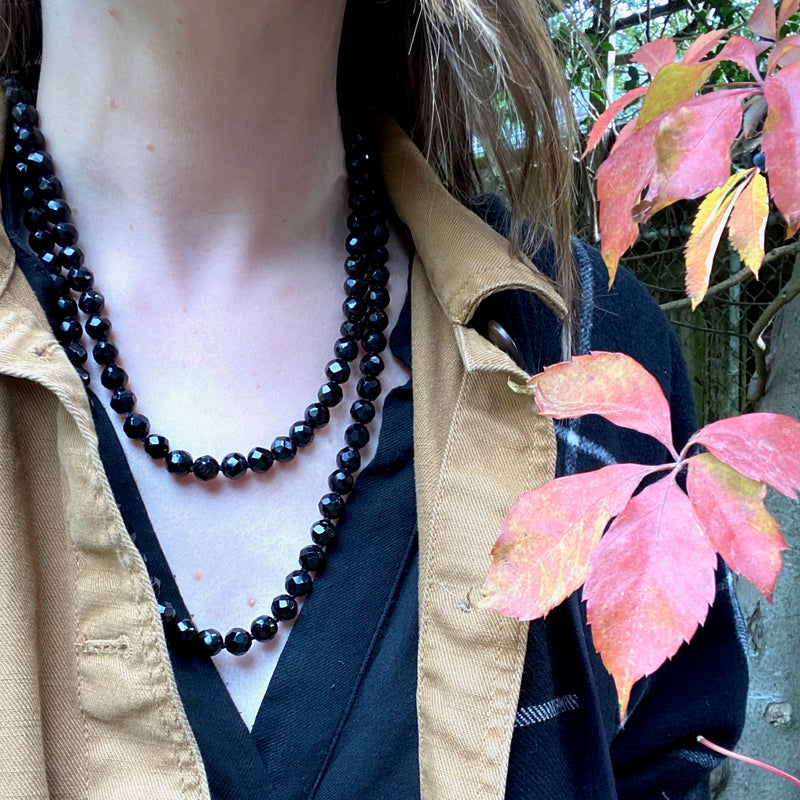 Long Victorian English Black Glass Bead Necklace