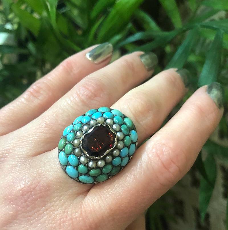 Impressive Pavé Turquoise and Table Cut Garnet Ring