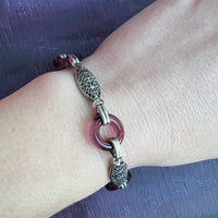 Deco Bracelet of Silver Filigree & Purple Glass Rings