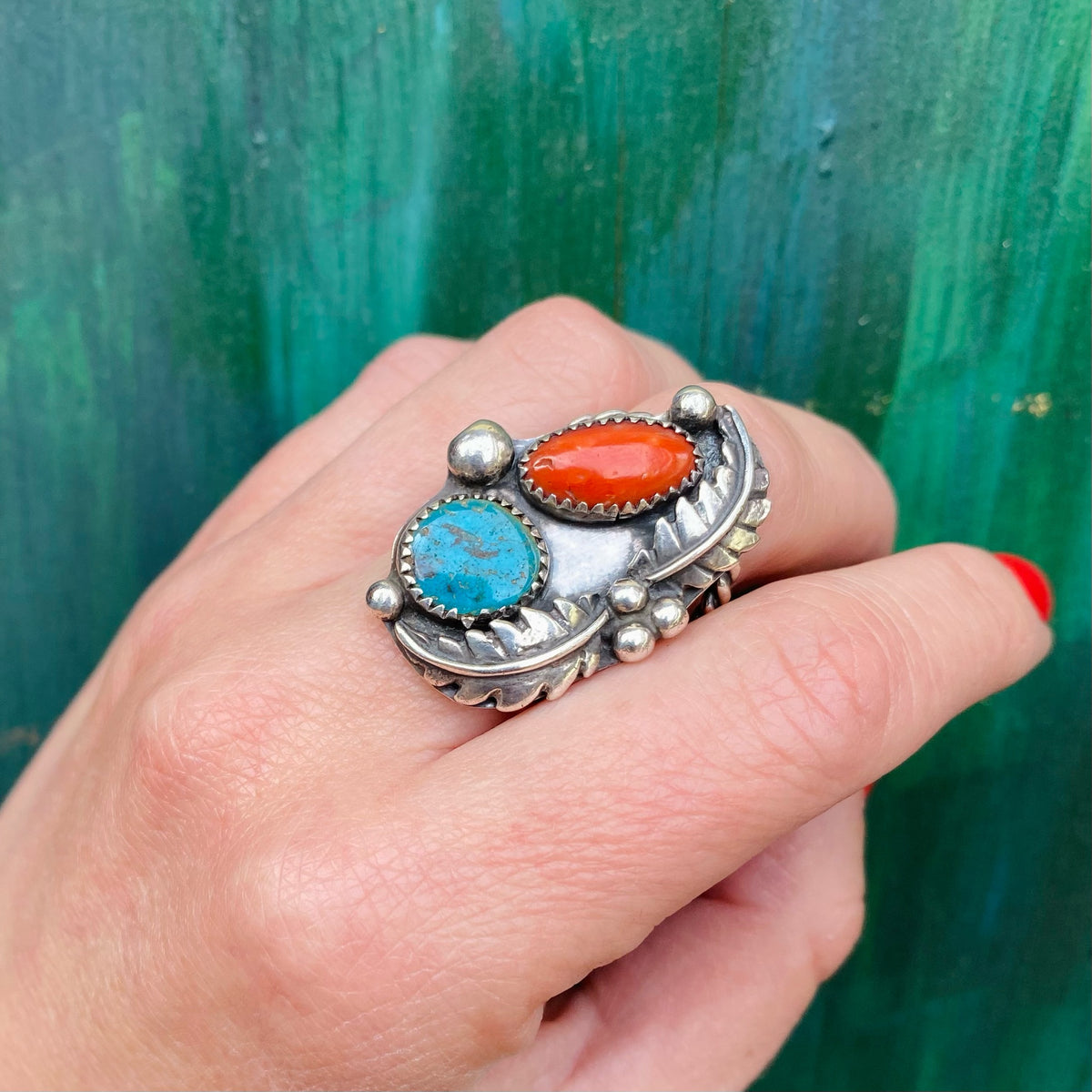 Navajo Motifs Sterling Ring with Colorful Stones