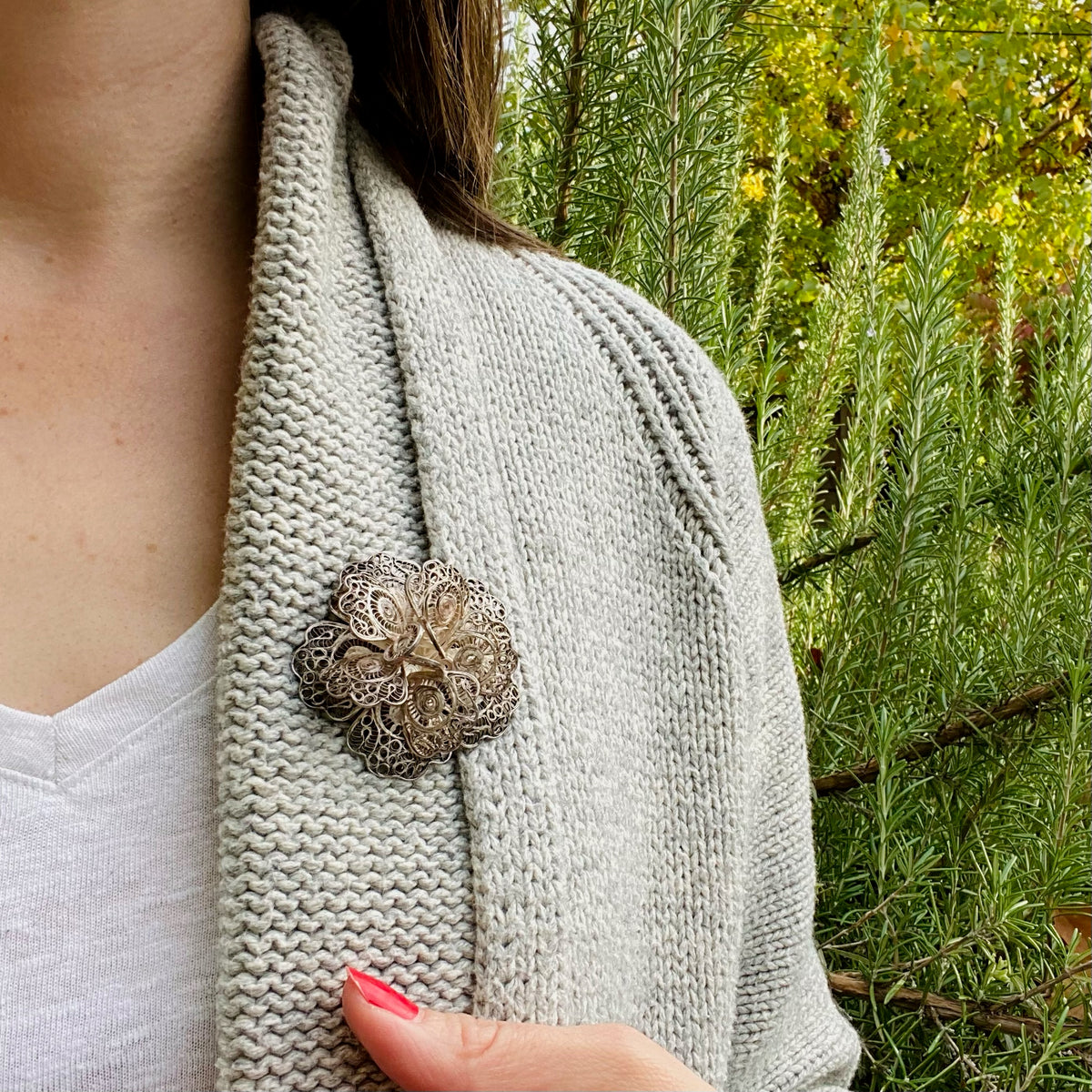 Three-Dimensional Silver Filigree Flower Brooch